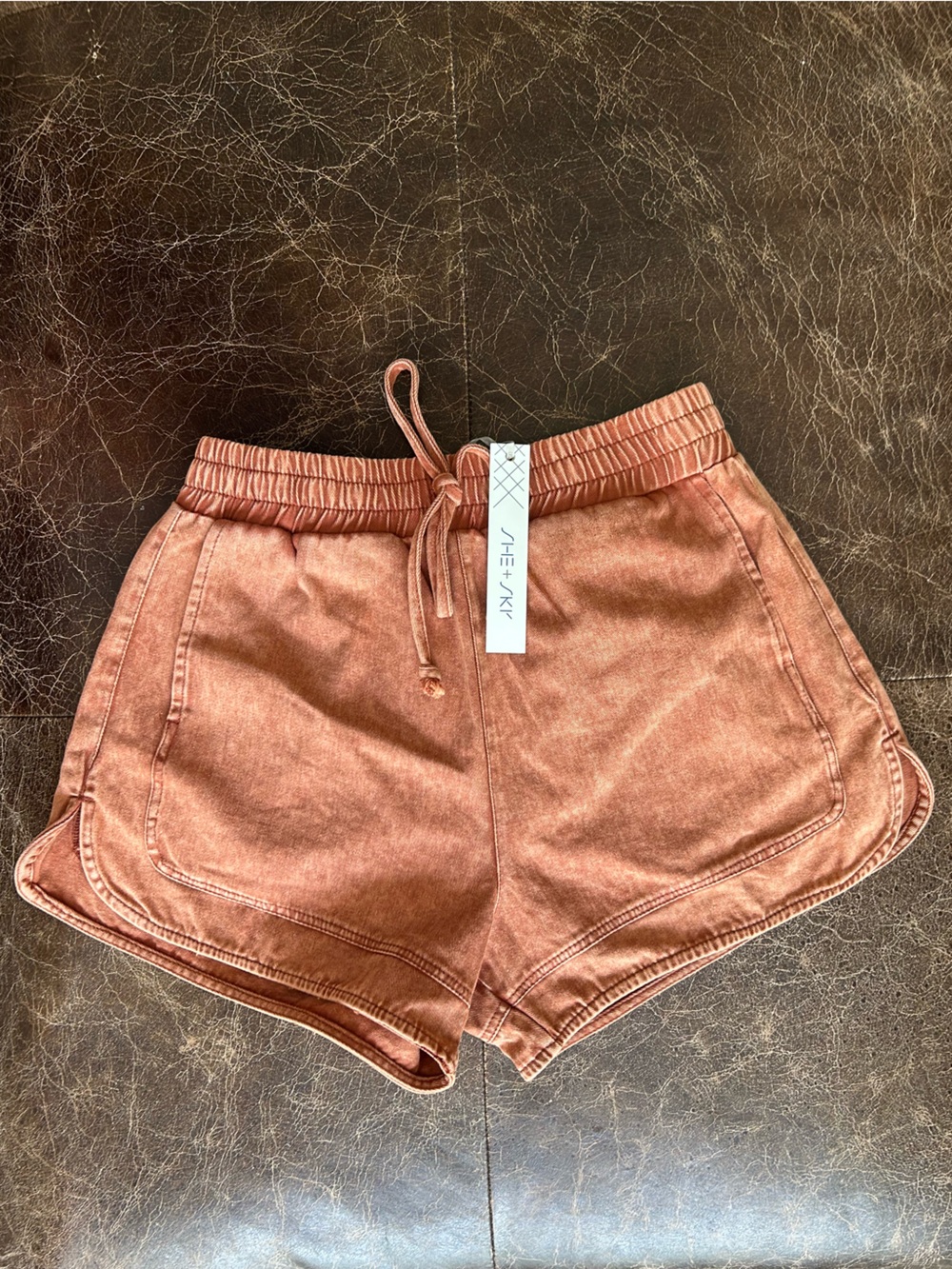 She + Sky Rust Cotton Elastic Waist Jogger Lounge Shorts